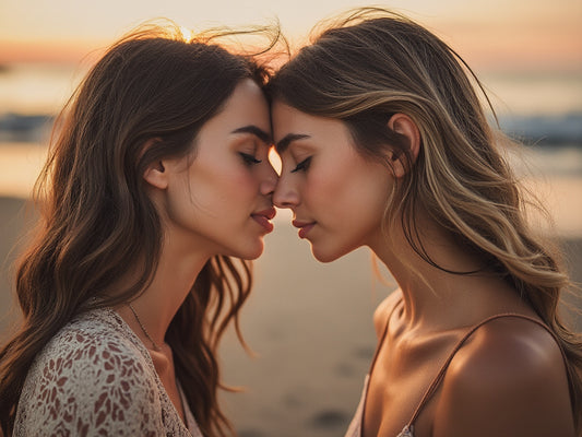 Two beautiful women on a beach during a sunset.