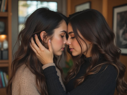 Two brown hair women holding each other to kiss.