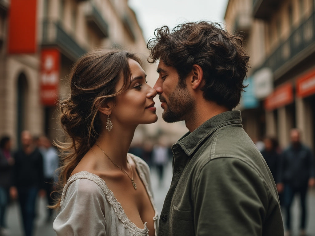 A woman and a man on a busy pedestrian street showing affection.