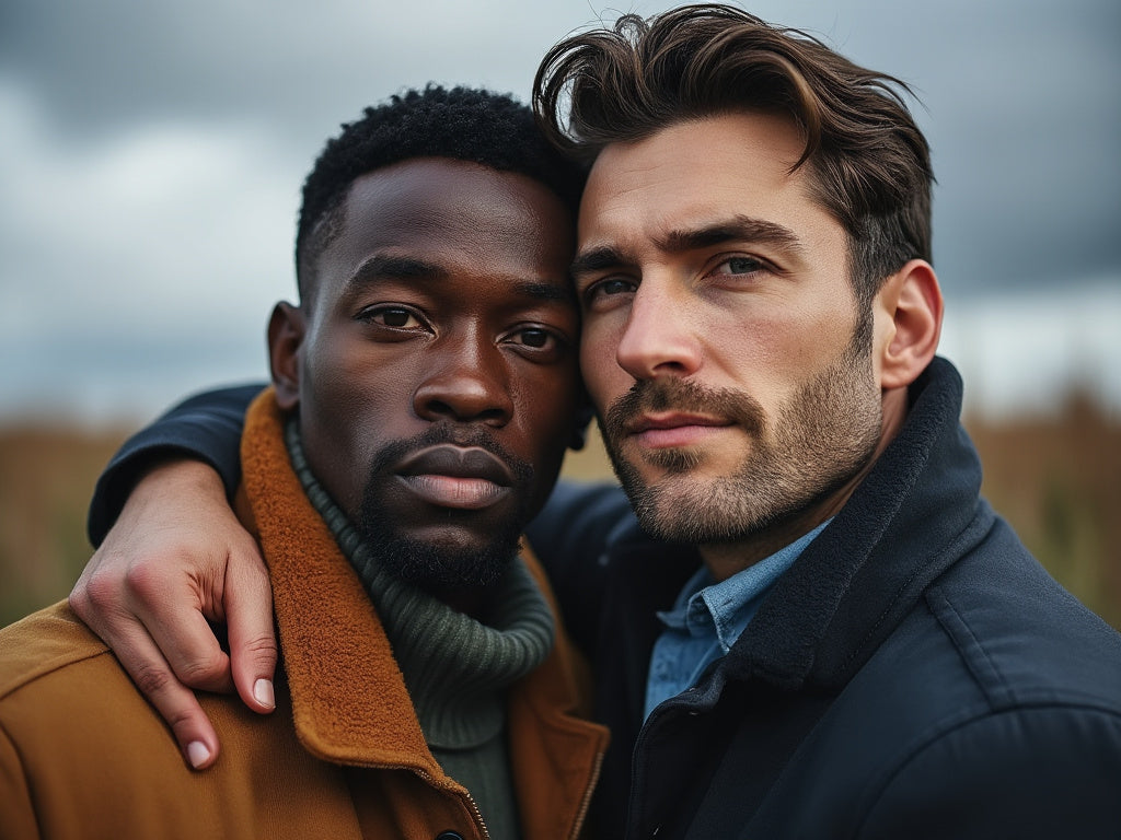 A black and white man holding each other showing love and care for each other.