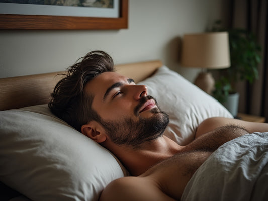 A white man laying in a bed relaxing with a smile.