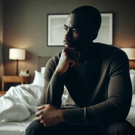 A black man sitting on the edge of a bed thinking, do I have big dick problems.