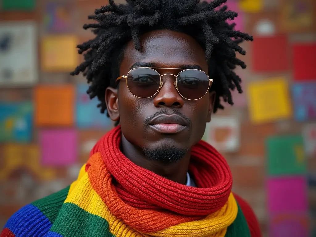 A confident black man in a rainbow scarf.