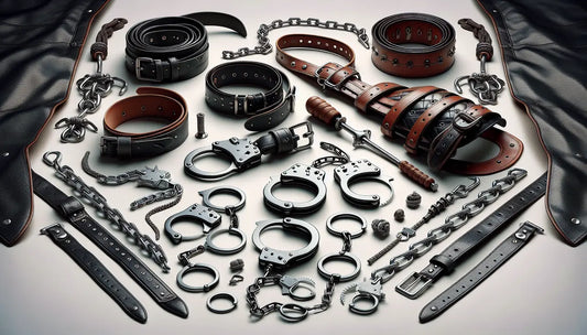 A variety of bondage gear, including handcuffs, belts and other restraints.