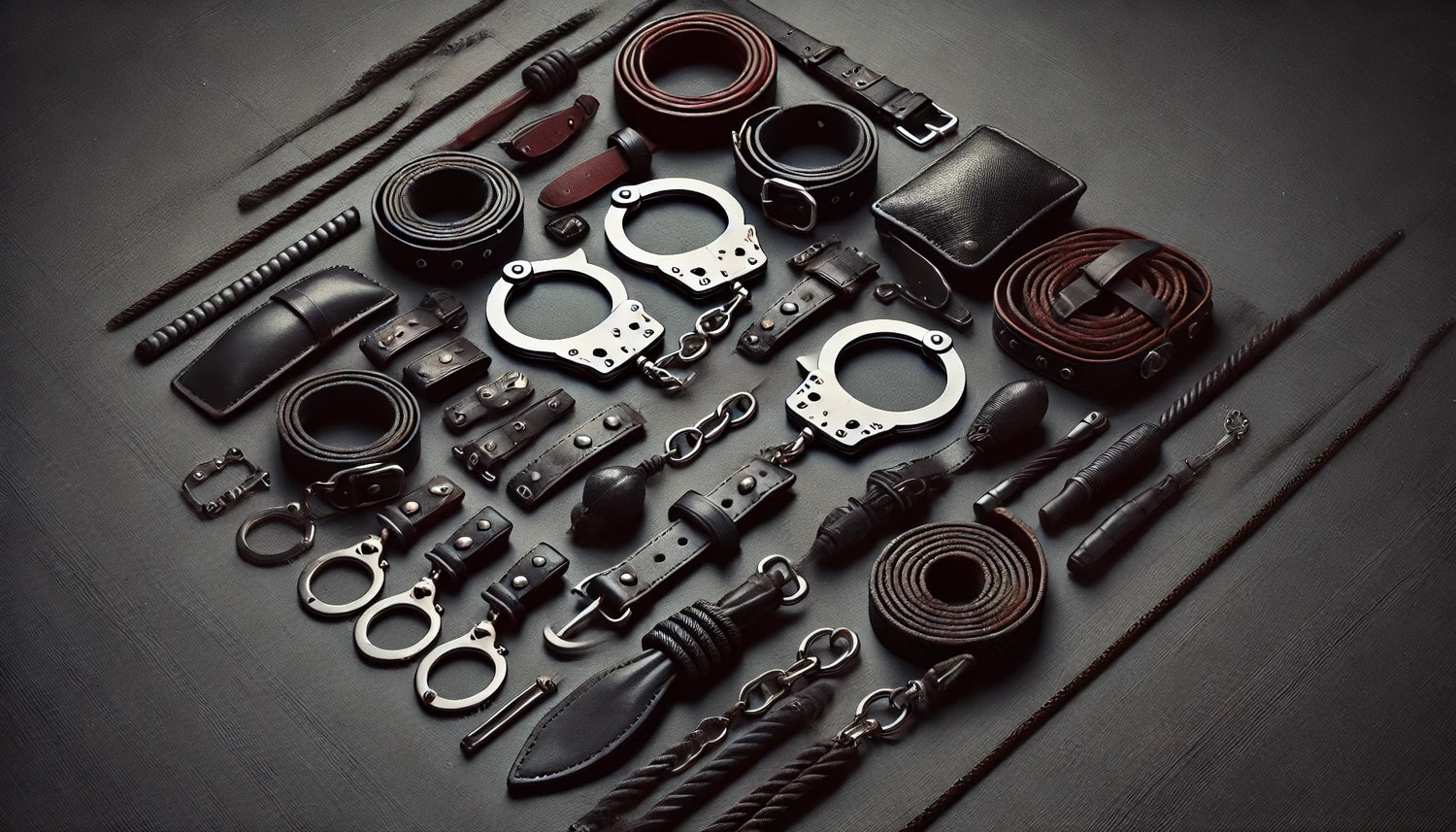 wide-format image featuring various types of restraints like handcuffs, designed to convey a sense of authority and control.