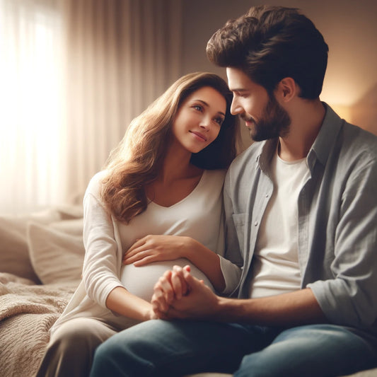 A photo-realistic image of a loving couple, with the woman visibly pregnant. They are in a cozy and intimate setting.