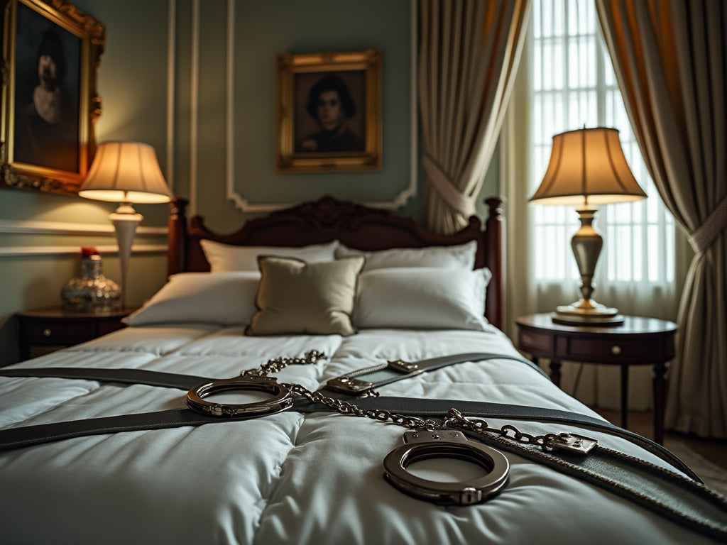 An elegant bedroom with a bed with white sheets, handcuffs and restraints on the bed.