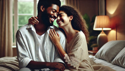 A diverse couple sharing an intimate moment in a bedroom, highlighting the emotional connection and joy in their relationship.