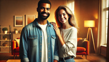 a diverse couple standing together in a cozy living room, smiling and looking happy.