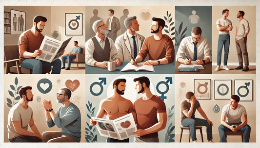 A wide format image showing a diverse group of men in their 30s engaged in activities promoting sexual health and relationships.