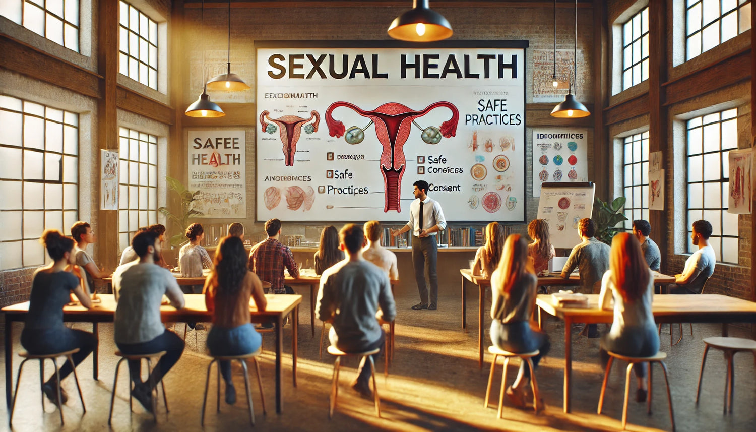 A picture of a class room with the female reproductive system and labled sexual health.