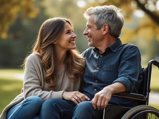 Man in a wheelchair and a women comforting him in a bedroom setting.