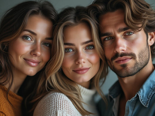 Two women and a man in a bedroom.