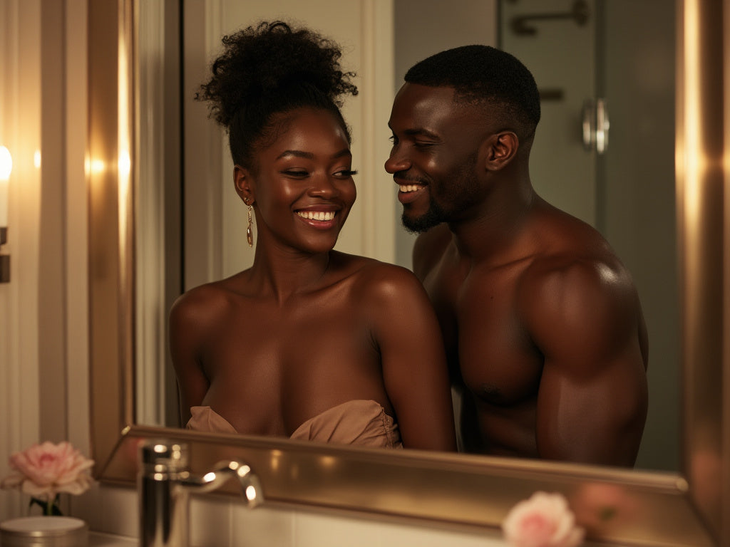 A woman and man in a bathroom playing with male sex toys.