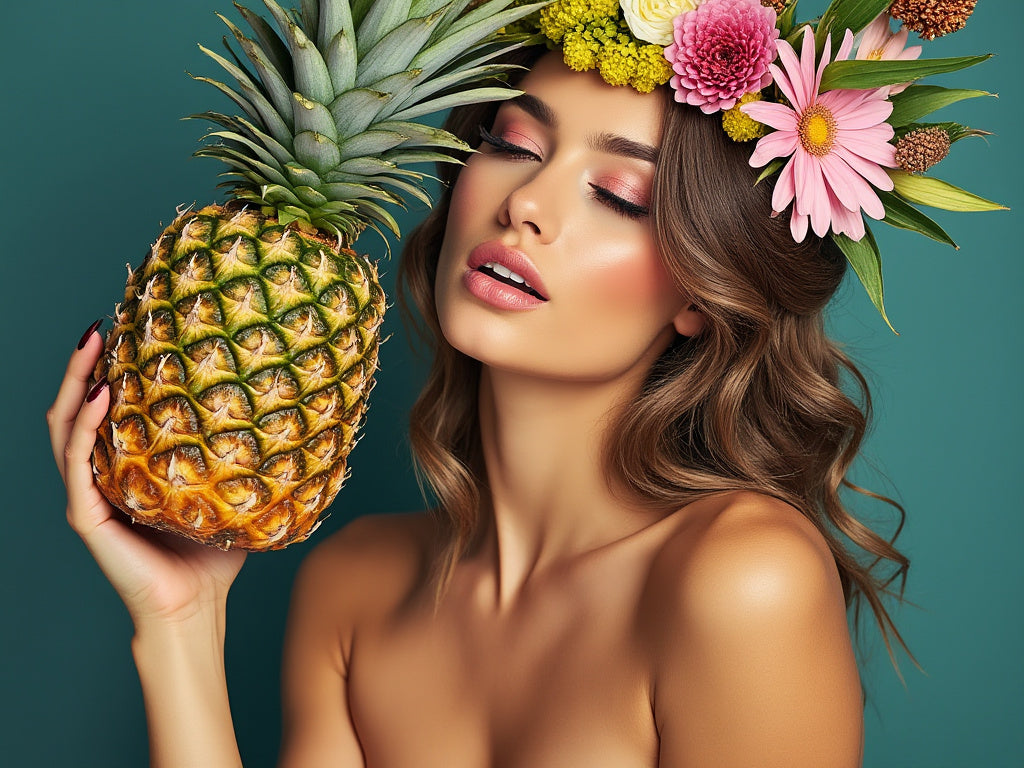 A beautiful woman with no shirt on holding a pineapple upside down, detailed and vibrant color, pineapple.