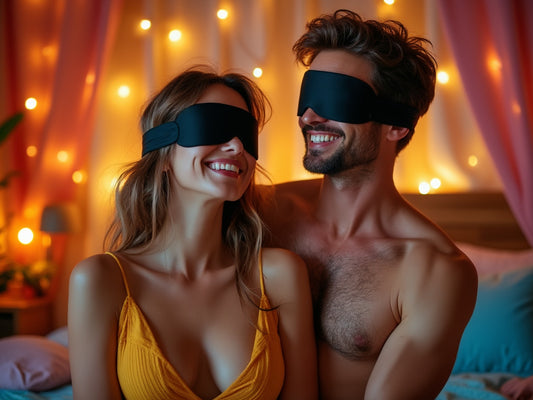 A man and woman in a well lit bedroom wearing blindfolds.