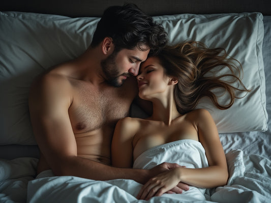 An image of a man holding a woman in the bed.