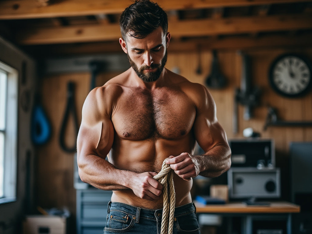 Handsome man with no shirt and tying rope for his CNC kink experience.