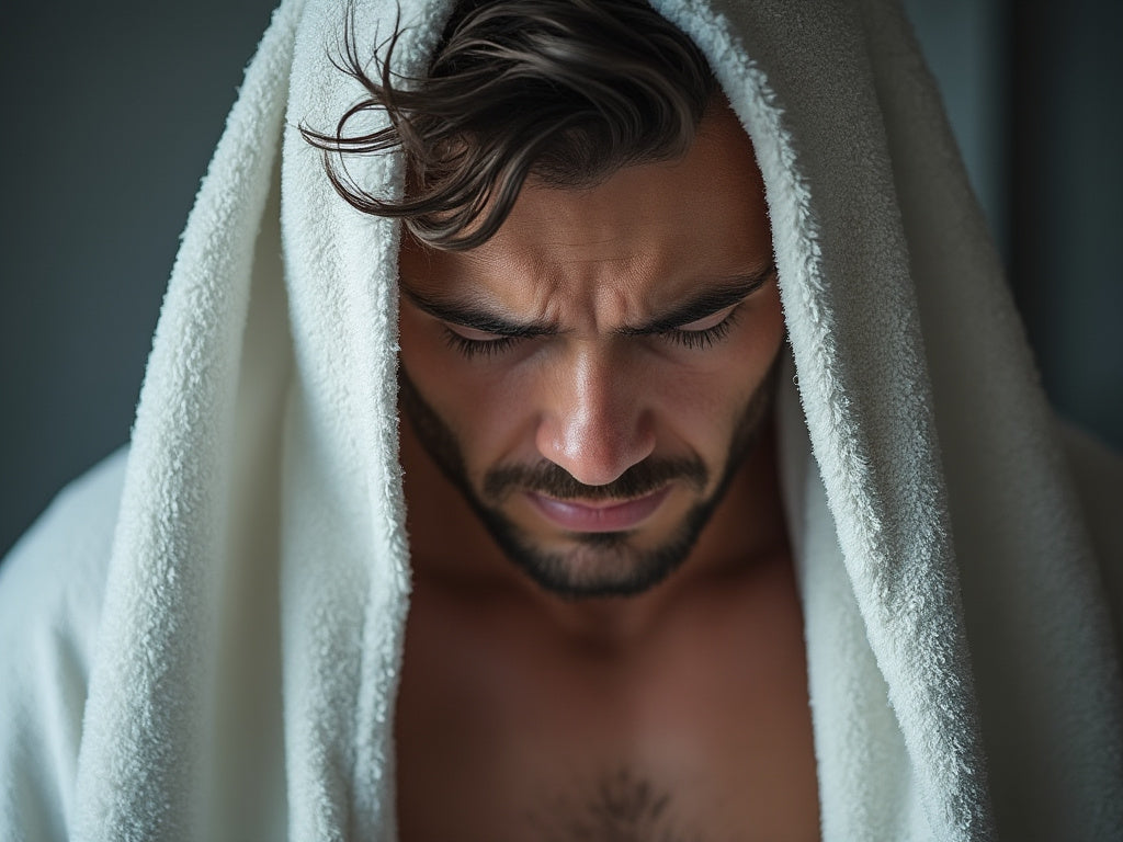 White man with a towel over his head looking down sadly.