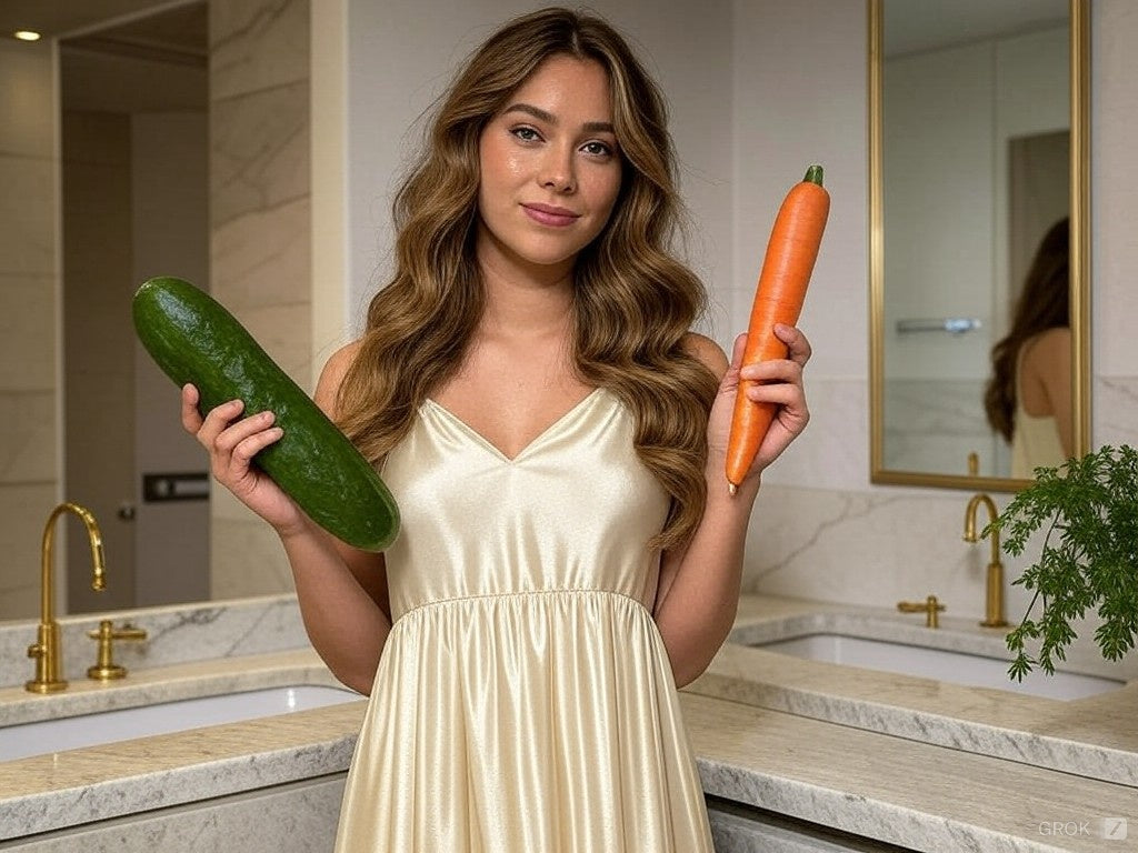 Beautiful woman in a bathroom holding homemade sex toys, cucumber and carrot.