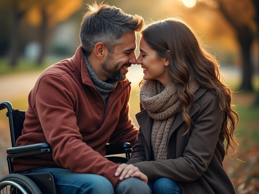 A man in a wheelchair with his partner showing affection.