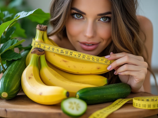 Beautiful woman measuring bananas an cucumbers.