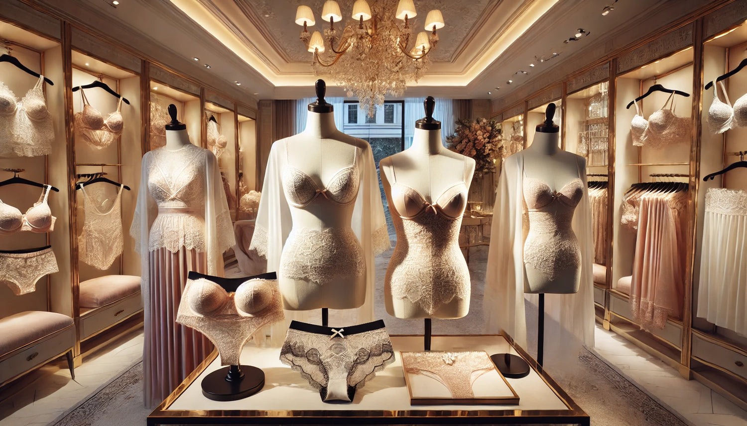 A wide-format image showcasing an elegant and stylish lingerie display in a luxurious boutique with soft, ambient lighting.