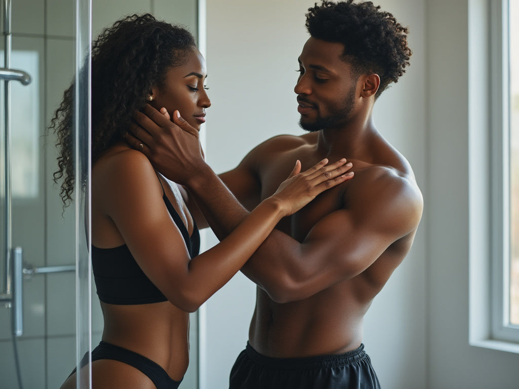 Man and women in a bathroom, getting ready to shower.