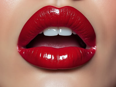 Picture of a womens ruby red lips and her tounge and teeth are showing.