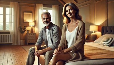 A photorealistic wide format image showing a mature couple enjoying an intimate moment, symbolizing a fulfilling sex life after menopause.