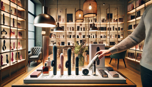 A wide format image of a person selecting a vibrator from a variety of elegant and modern adult toys displayed in a well-lit, stylish boutique.