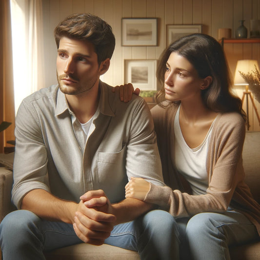 A man and a woman sitting on a couch. The man looks concerned and woman is comforting him.