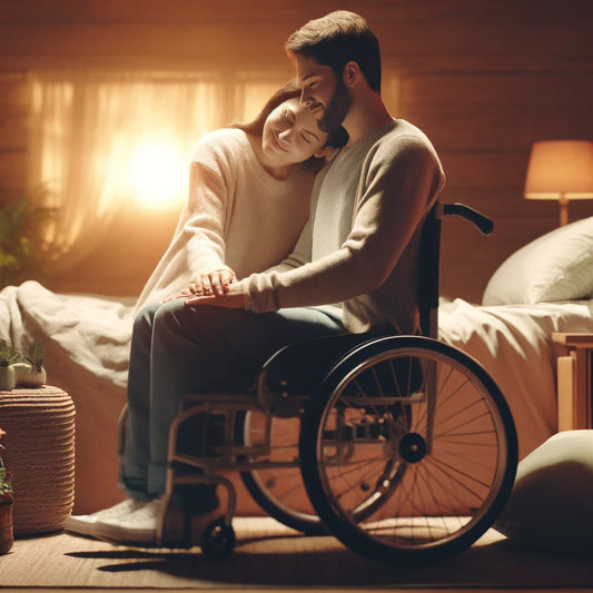 Man in a wheelchair and a women comforting him in a bedroom setting.