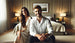 A photorealistic wide format image of a man and a woman sitting on the edge of a bed in a tastefully decorated bedroom. The man is shirtless, and both individuals are smiling and looking happy, with soft lighting and elegant furnishings in the background.