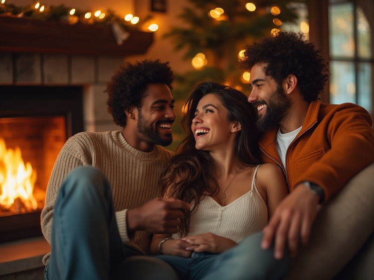 Two men and a woman in front of a fireplace having fun.