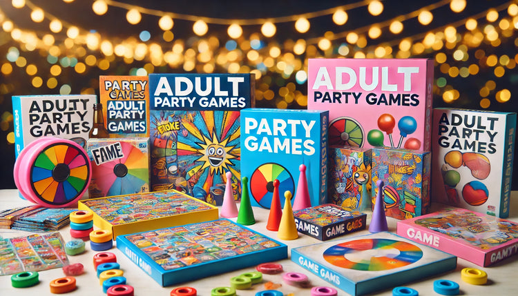 A wide format image showcasing a variety of colorful and exciting adult party games, designed to bring fun, laughter, and competition to any gathering.