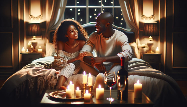 Elegant intimate bedroom scene with candles, intimate couple