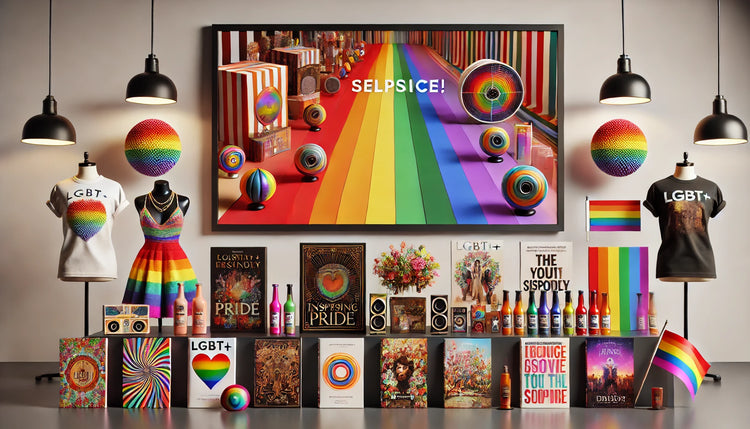 A wide format image showcasing a vibrant and diverse selection of LGBTQ+ friendly products, including colorful pride accessories, inspiring literature, and films, all elegantly arranged to highlight inclusivity and celebration.