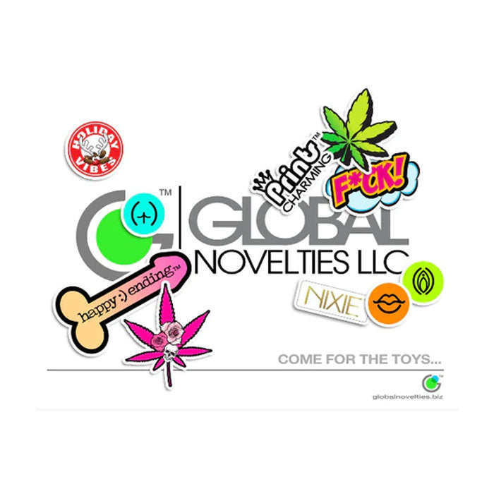 Vibrant adult novelty products, eclectic designs, cannabis-inspired graphics, lifestyle accessories from Global Novelties LLC.