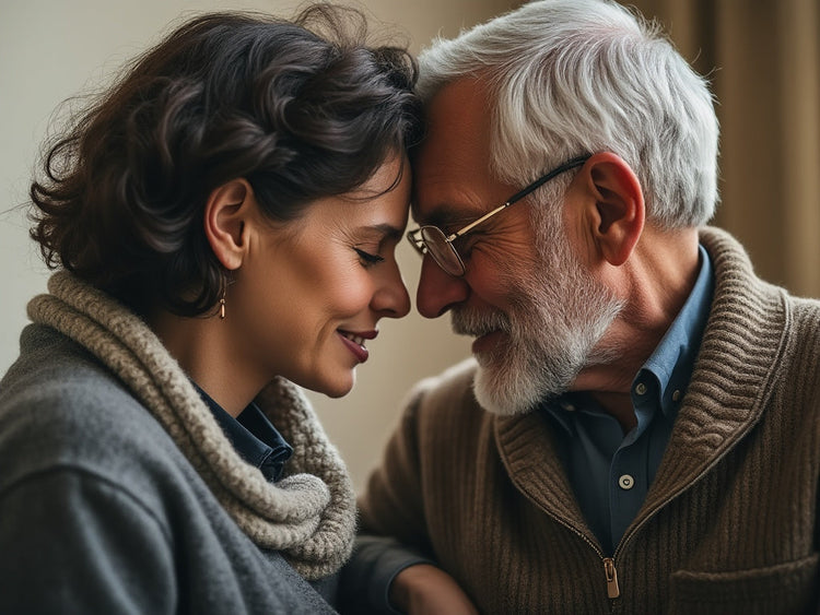 An older woman and man showing love.