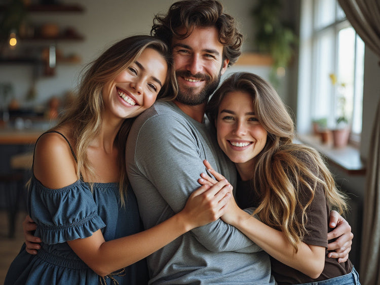 Two women and a man showing love.