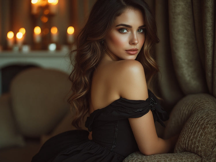 A beautiful woman in a black dress on a couch.