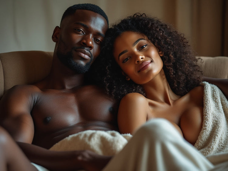 A attractive black couple laying in bed.