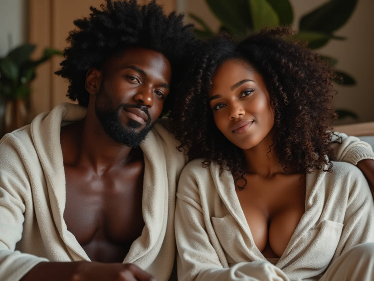 A lovely black couple wearing robes.