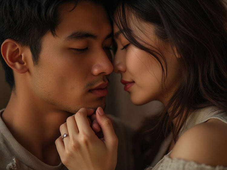 Asian couple in love holding each other closely.