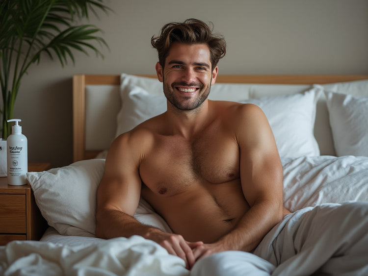 Handsome man in a white bed with his shirt off.