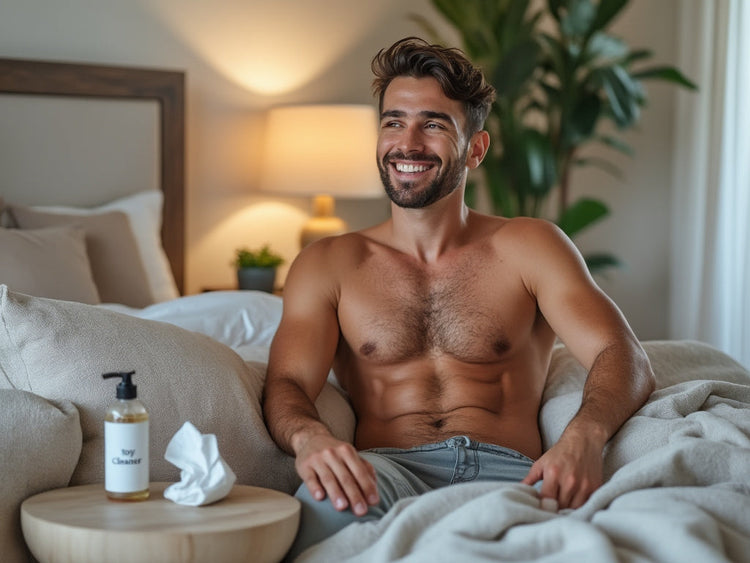 Handsome man smiling sitting on the edge of the bed.