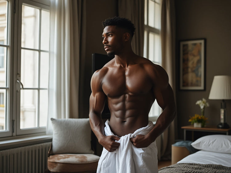 A well built black man wearing a towel and no shirt in a bedroom.