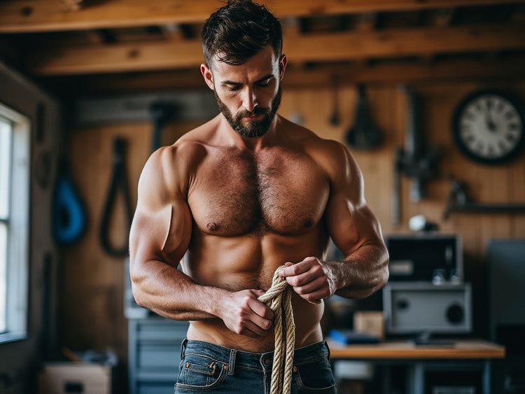 A fit man tieing rope knots in his garage with no shirt on.