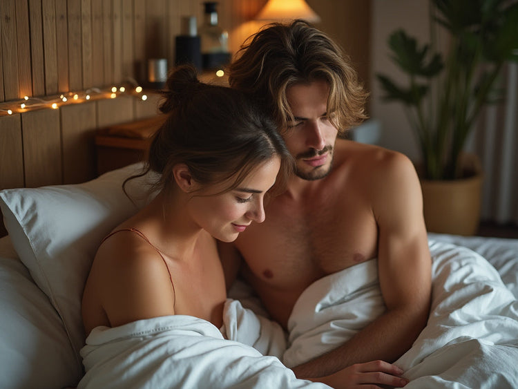 A woman and man in a bed under the covers.